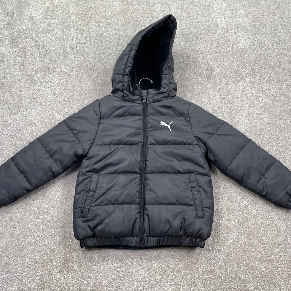 Puma Puffer Jacket Kids Size 6 Black Hooded Fleece Lined PFA20V70-00294BB